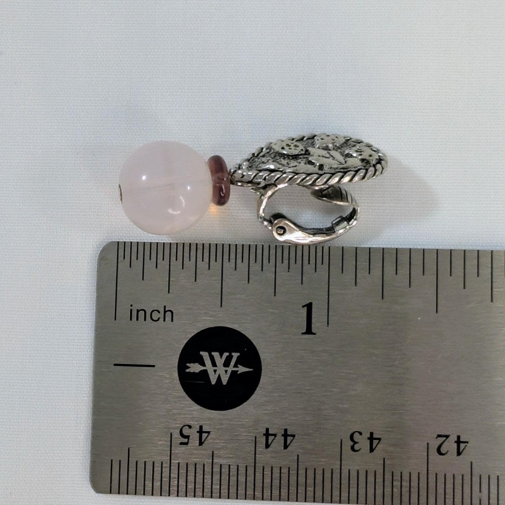 Vintage Clip On Earrings Antique Silver Leaf Opalescent Glass Bead 1.25" - Picture 5 of 5